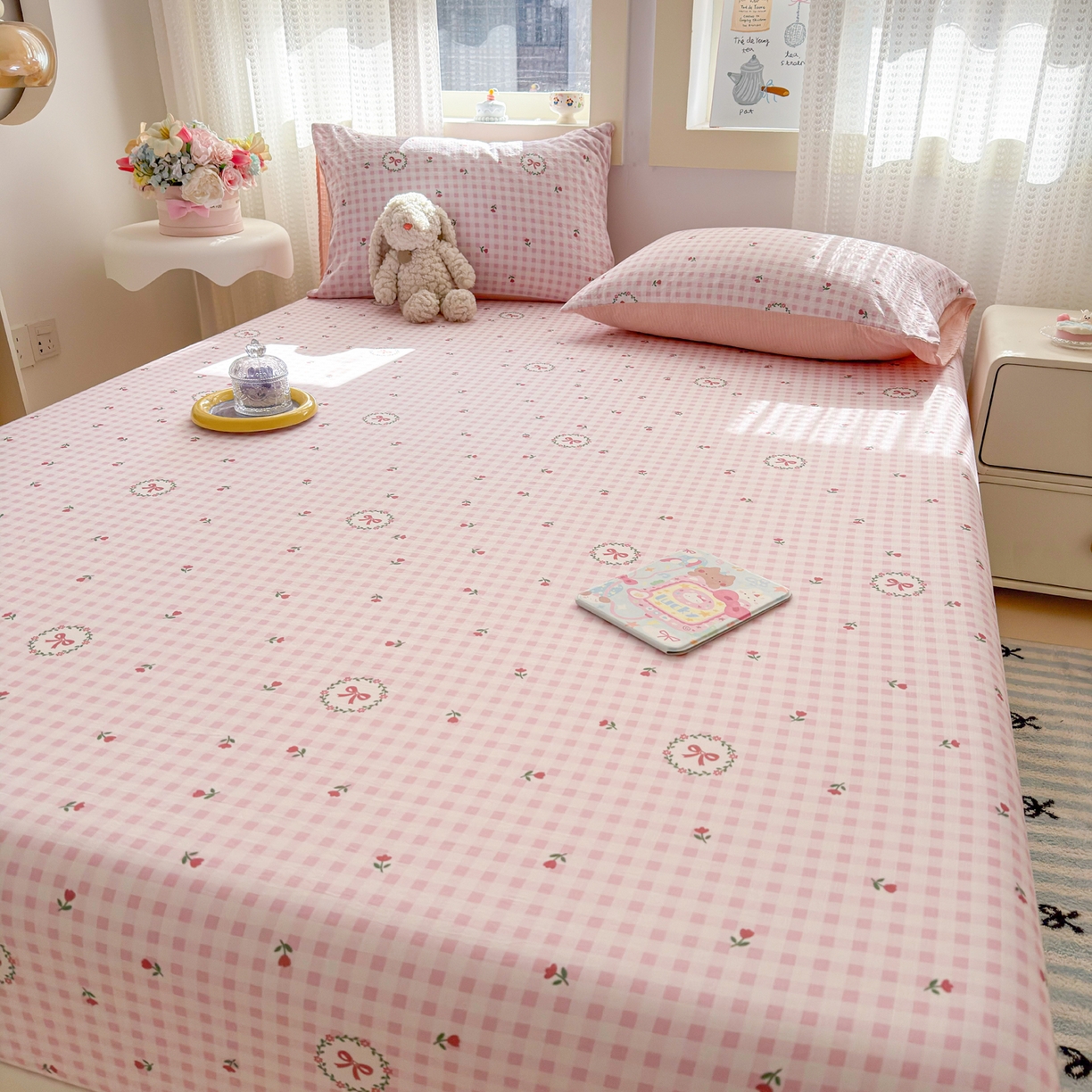 91家纺网 家纺一手货源 找家纺 丽美人家纺 2026新款A类柔软双层皱皱纱印花单床笠床笠单件 格子蝴蝶结