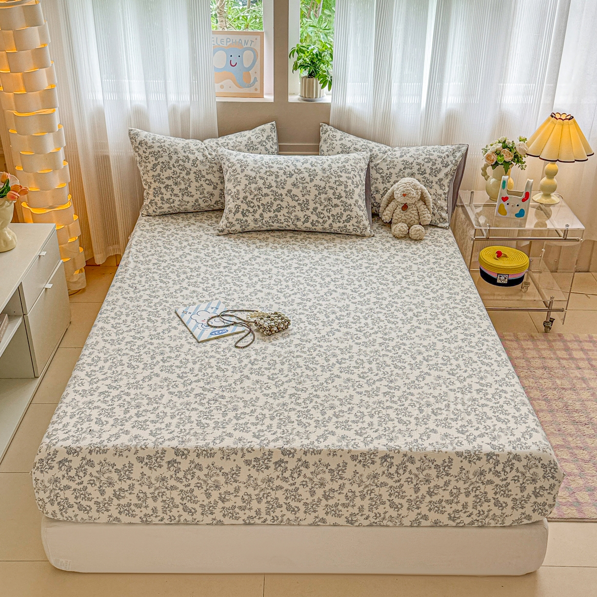 91家纺网 家纺一手货源 找家纺 丽美人家纺 2026新款A类柔软双层皱皱纱印花单床笠床笠单件 花开漫漫