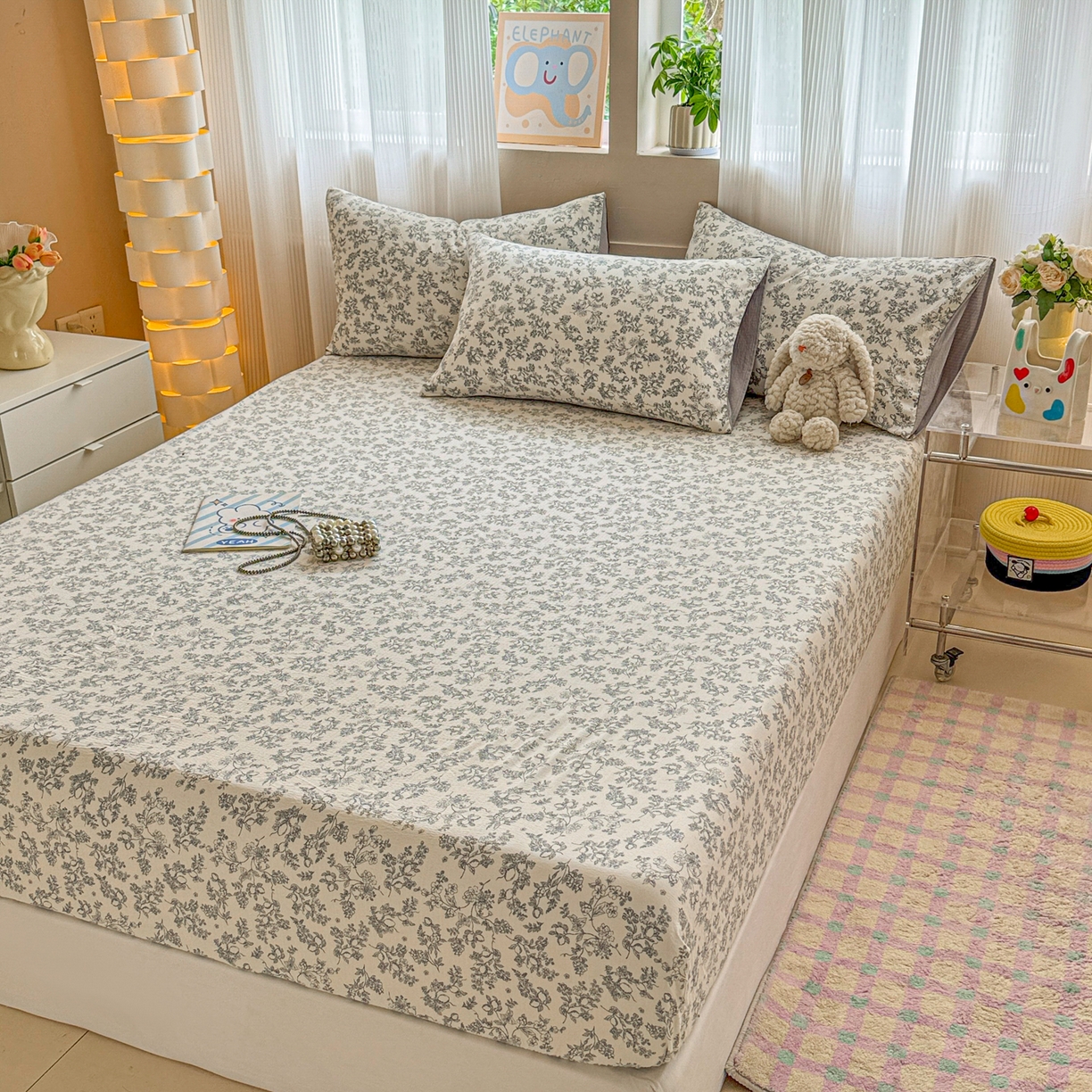 91家纺网 家纺一手货源 找家纺 丽美人家纺 2026新款A类柔软双层皱皱纱印花单床笠床笠单件 花开漫漫