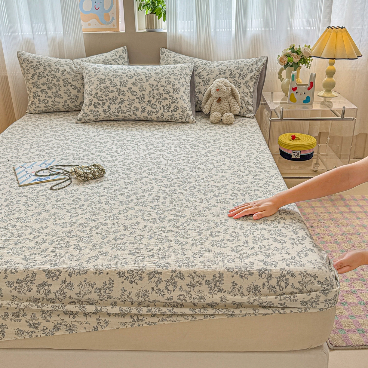 91家纺网 家纺一手货源 找家纺 丽美人家纺 2026新款A类柔软双层皱皱纱印花单床笠床笠单件 花开漫漫