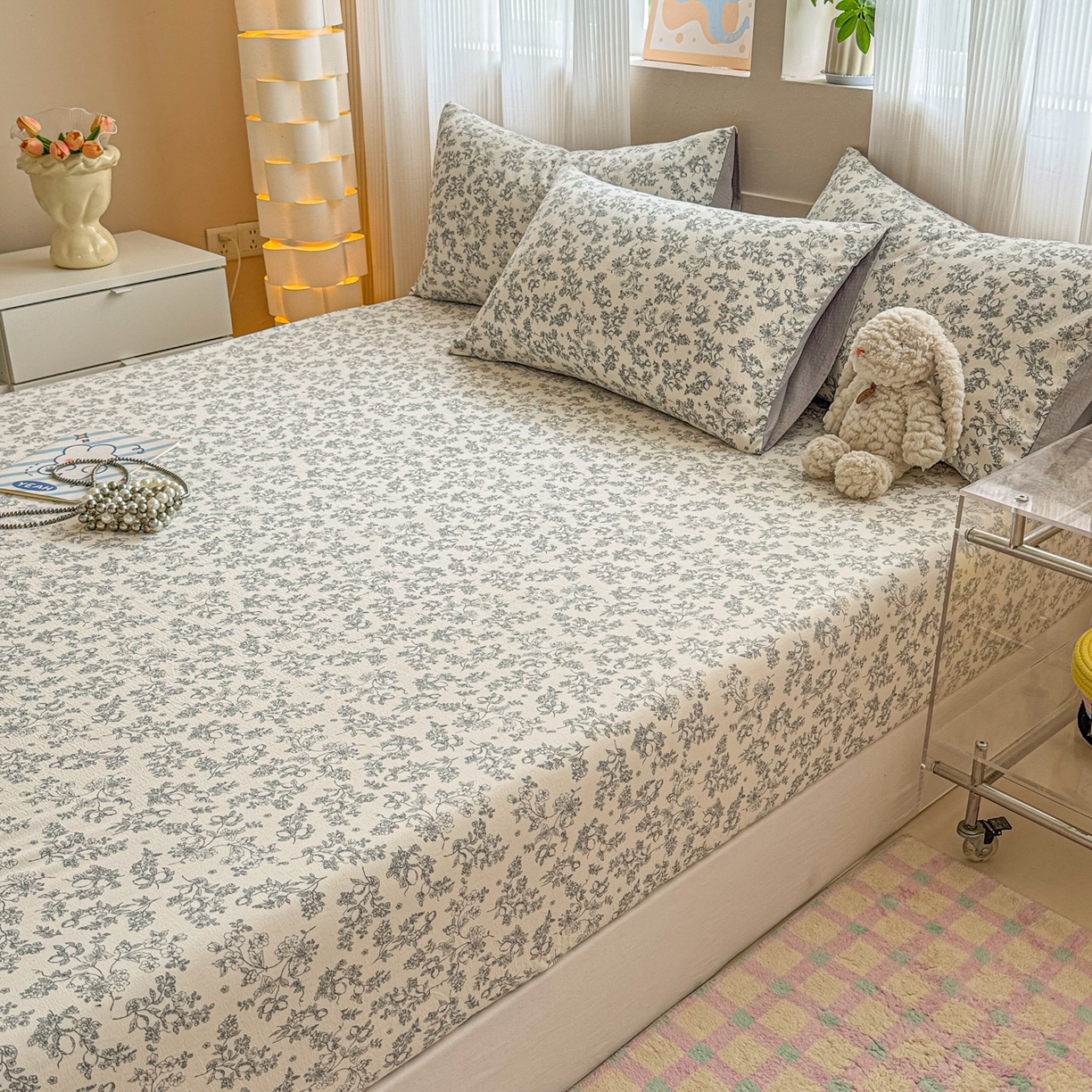 91家纺网 家纺一手货源 找家纺 丽美人家纺 2026新款A类柔软双层皱皱纱印花单床笠床笠单件 花开漫漫