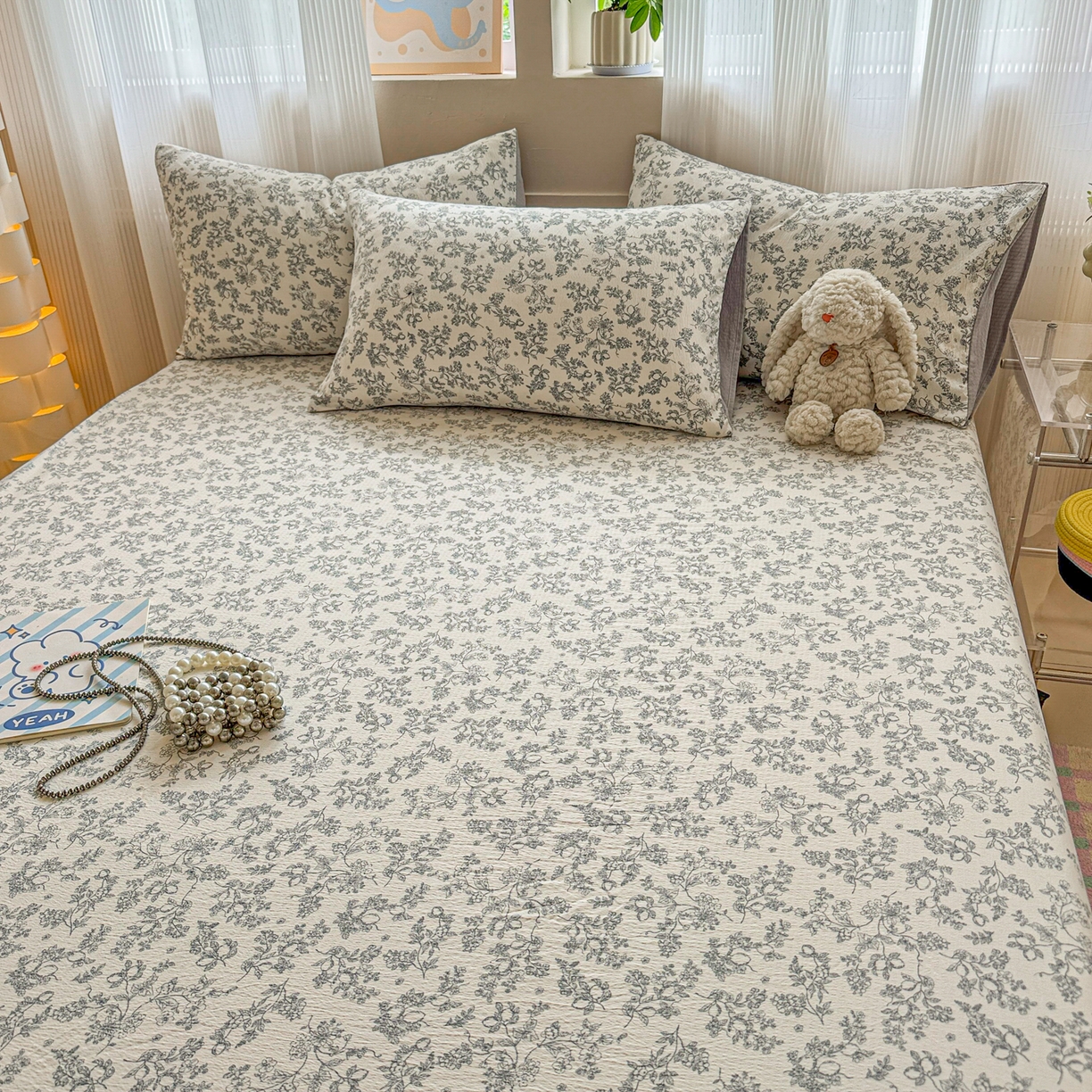 91家纺网 家纺一手货源 找家纺 丽美人家纺 2026新款A类柔软双层皱皱纱印花单床笠床笠单件 花开漫漫