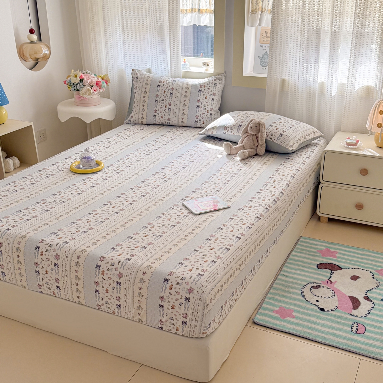 91家纺网 家纺一手货源 找家纺 丽美人家纺 2026新款A类柔软双层皱皱纱印花单床笠床笠单件 花漫蝴蝶