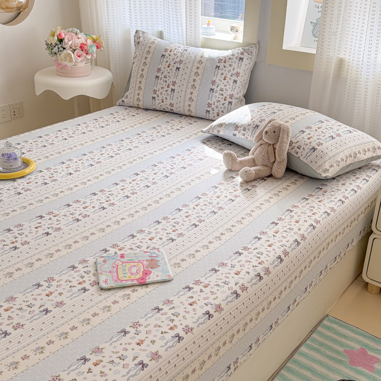 91家纺网 家纺一手货源 找家纺 丽美人家纺 2026新款A类柔软双层皱皱纱印花单床笠床笠单件 花漫蝴蝶