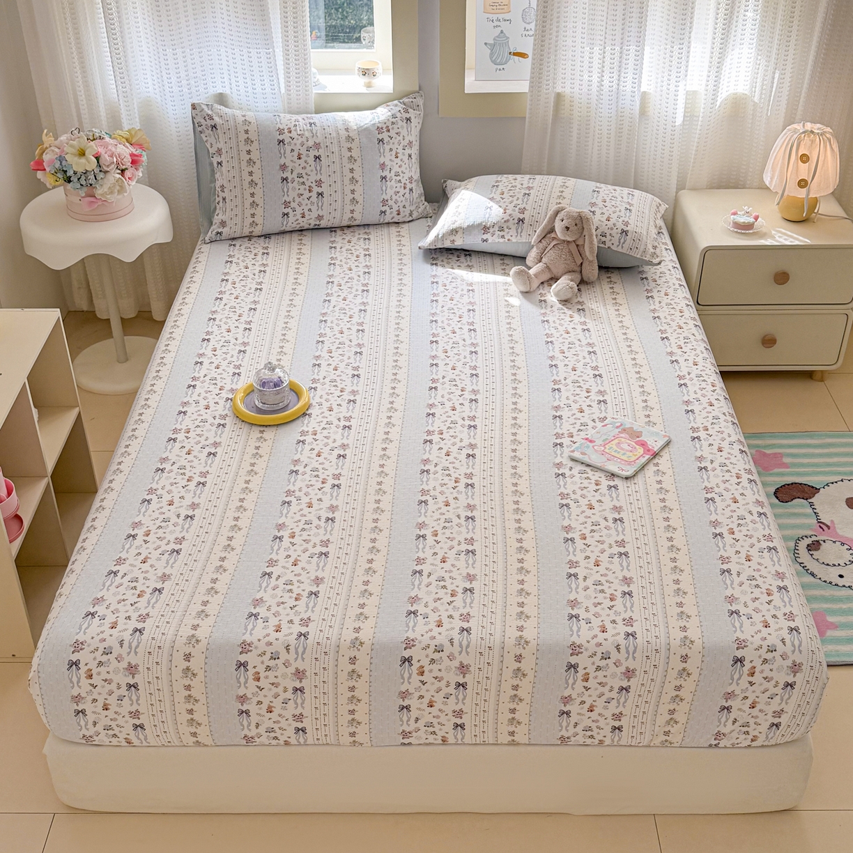 91家纺网 家纺一手货源 找家纺 丽美人家纺 2026新款A类柔软双层皱皱纱印花单床笠床笠单件 花漫蝴蝶