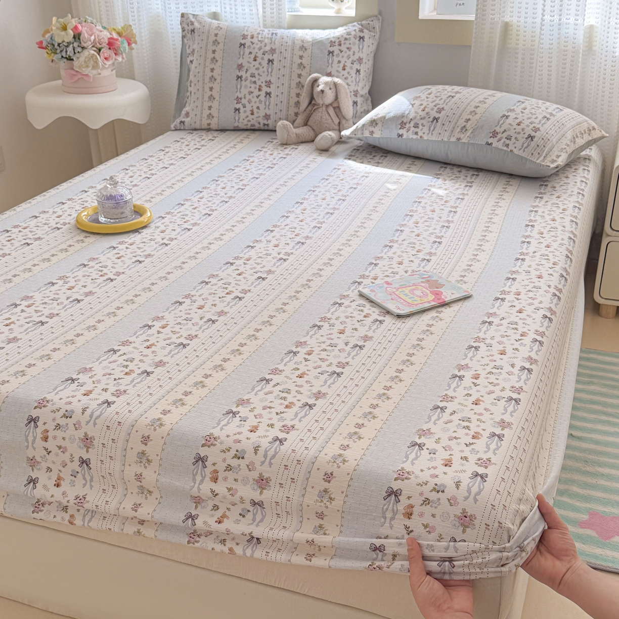 91家纺网 家纺一手货源 找家纺 丽美人家纺 2026新款A类柔软双层皱皱纱印花单床笠床笠单件 花漫蝴蝶