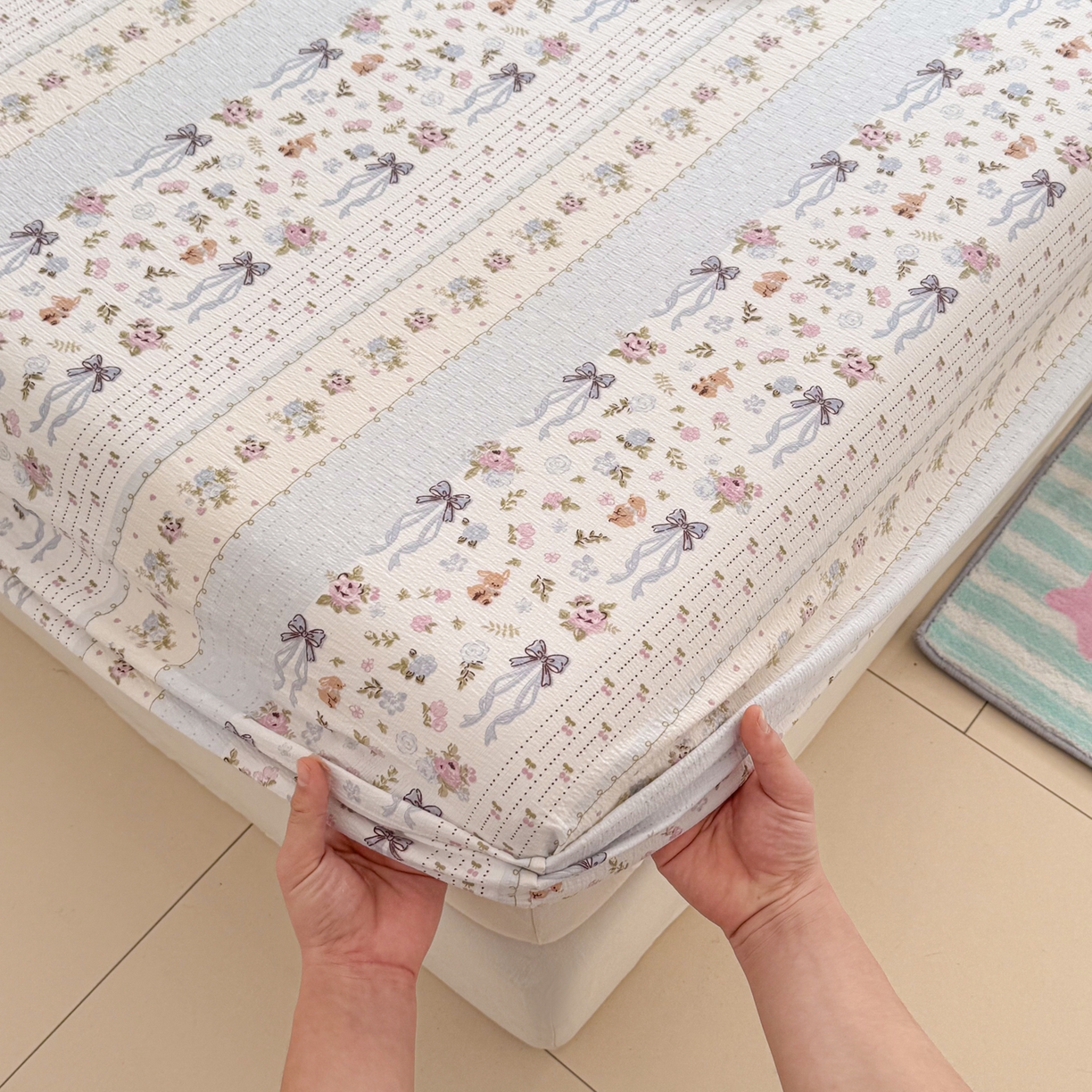 91家纺网 家纺一手货源 找家纺 丽美人家纺 2026新款A类柔软双层皱皱纱印花单床笠床笠单件 花漫蝴蝶