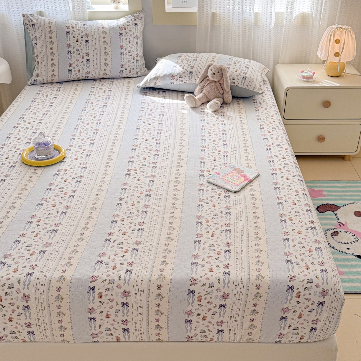 91家纺网 家纺一手货源 找家纺 丽美人家纺 2026新款A类柔软双层皱皱纱印花单床笠床笠单件 花漫蝴蝶