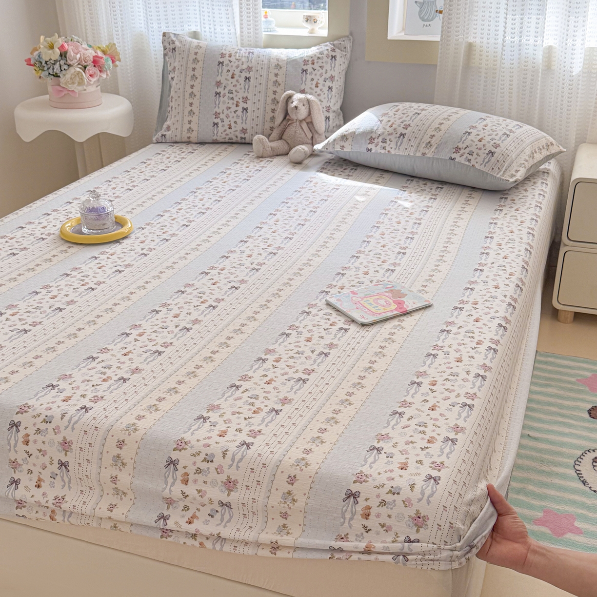 91家纺网 家纺一手货源 找家纺 丽美人家纺 2026新款A类柔软双层皱皱纱印花单床笠床笠单件 花漫蝴蝶