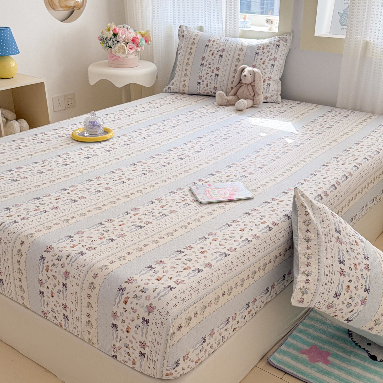 91家纺网 家纺一手货源 找家纺 丽美人家纺 2026新款A类柔软双层皱皱纱印花单床笠床笠单件 花漫蝴蝶