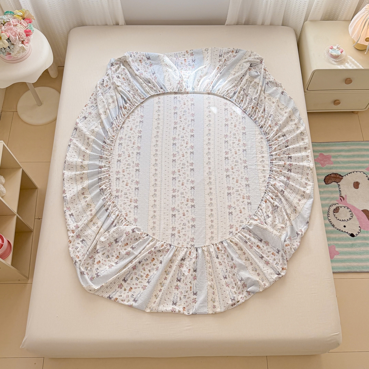 91家纺网 家纺一手货源 找家纺 丽美人家纺 2026新款A类柔软双层皱皱纱印花单床笠床笠单件 花漫蝴蝶