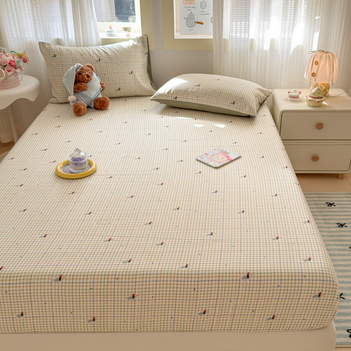 91家纺网 家纺一手货源 找家纺 丽美人家纺 2026新款A类柔软双层皱皱纱印花单床笠床笠单件 腊肠狗