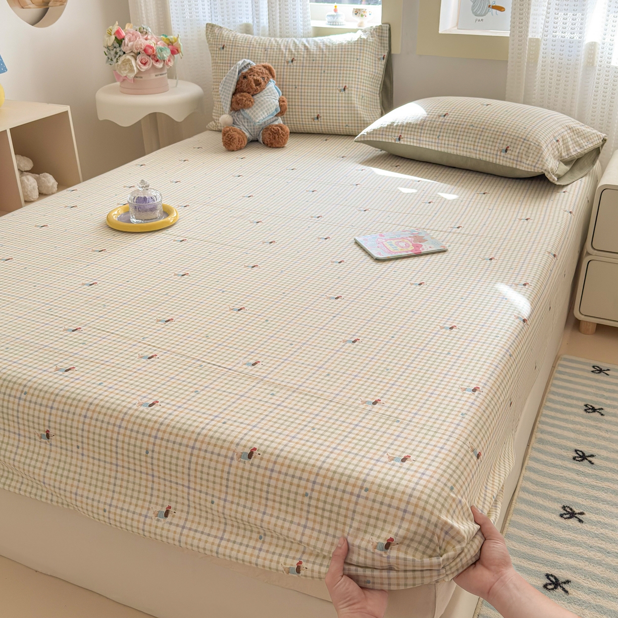 91家纺网 家纺一手货源 找家纺 丽美人家纺 2026新款A类柔软双层皱皱纱印花单床笠床笠单件 腊肠狗