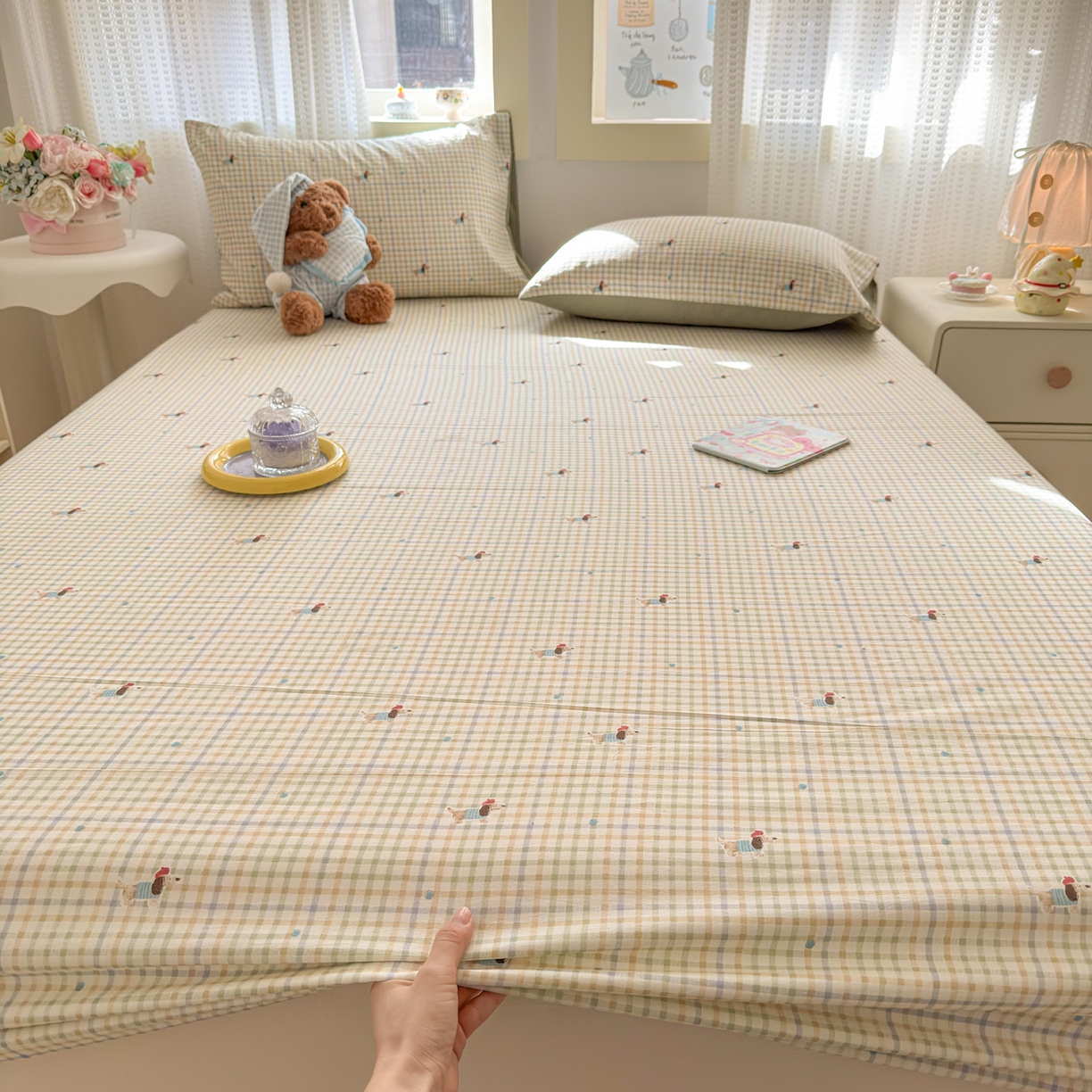 91家纺网 家纺一手货源 找家纺 丽美人家纺 2026新款A类柔软双层皱皱纱印花单床笠床笠单件 腊肠狗