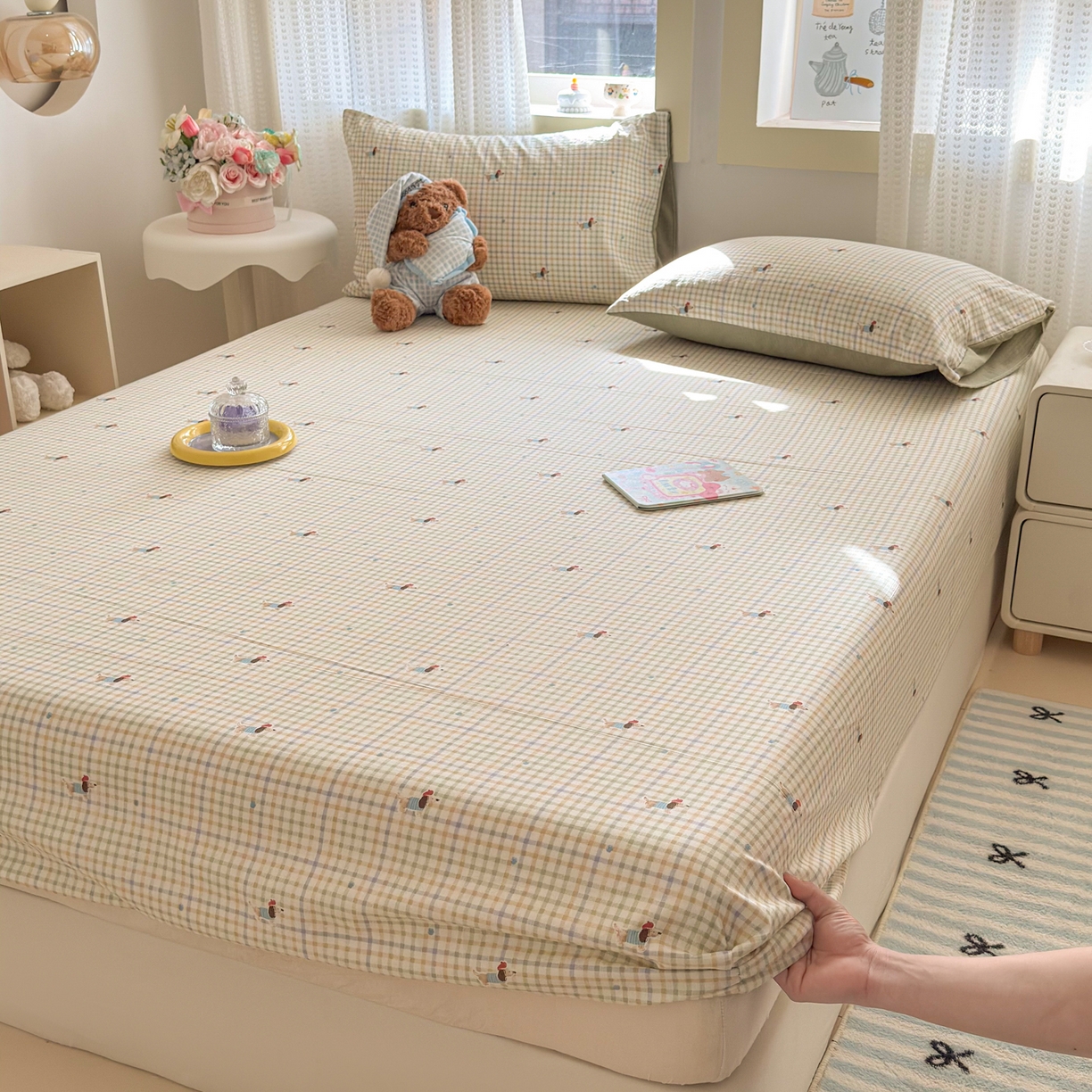 91家纺网 家纺一手货源 找家纺 丽美人家纺 2026新款A类柔软双层皱皱纱印花单床笠床笠单件 腊肠狗