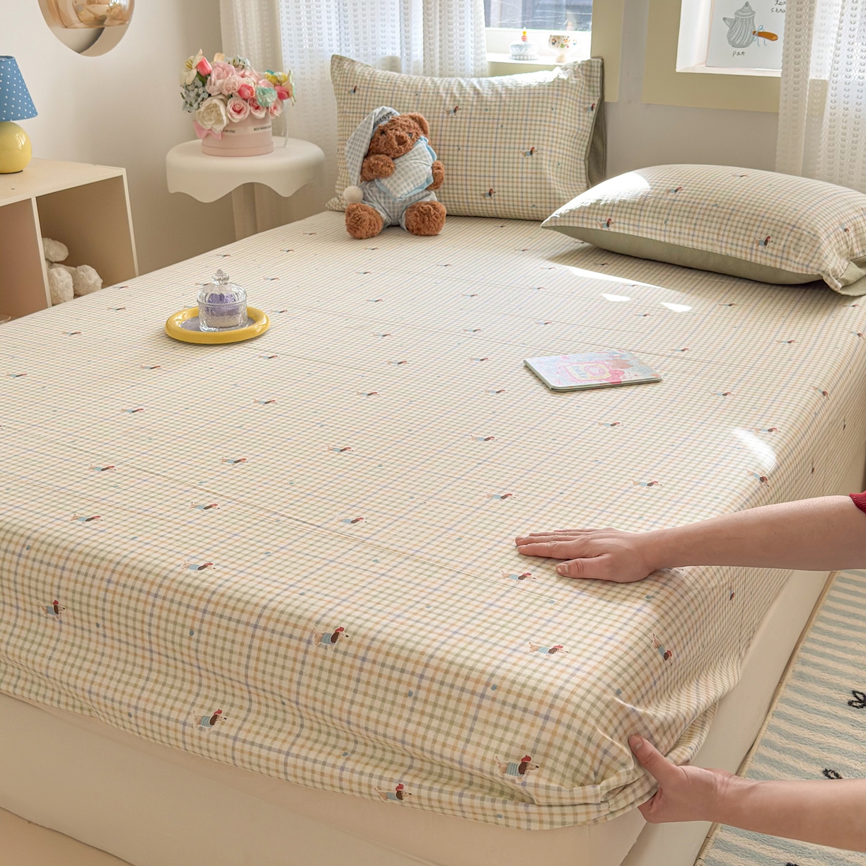 91家纺网 家纺一手货源 找家纺 丽美人家纺 2026新款A类柔软双层皱皱纱印花单床笠床笠单件 腊肠狗