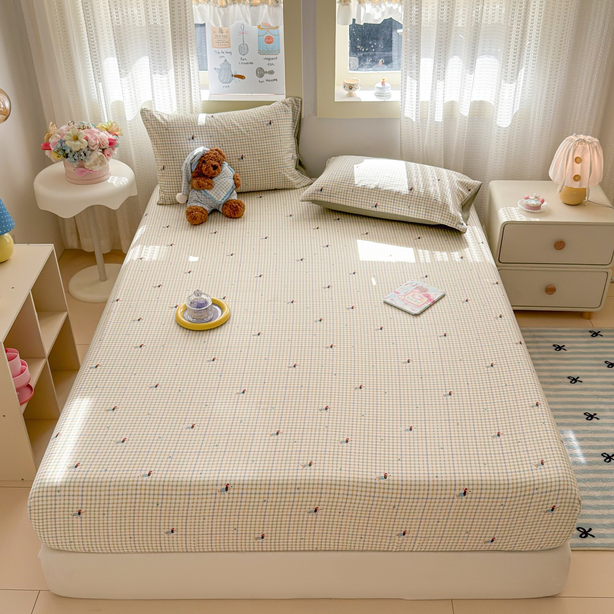 91家纺网 家纺一手货源 找家纺 丽美人家纺 2026新款A类柔软双层皱皱纱印花单床笠床笠单件 腊肠狗