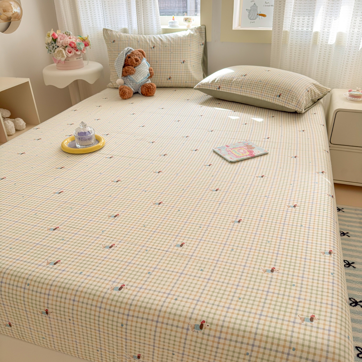 91家纺网 家纺一手货源 找家纺 丽美人家纺 2026新款A类柔软双层皱皱纱印花单床笠床笠单件 腊肠狗