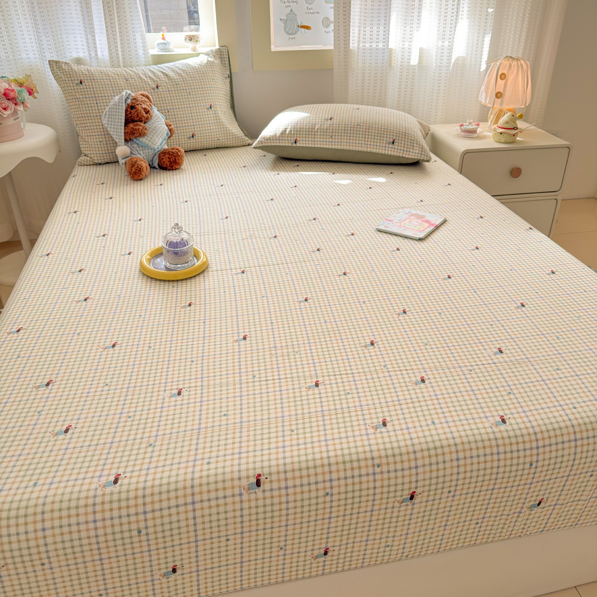 91家纺网 家纺一手货源 找家纺 丽美人家纺 2026新款A类柔软双层皱皱纱印花单床笠床笠单件 腊肠狗