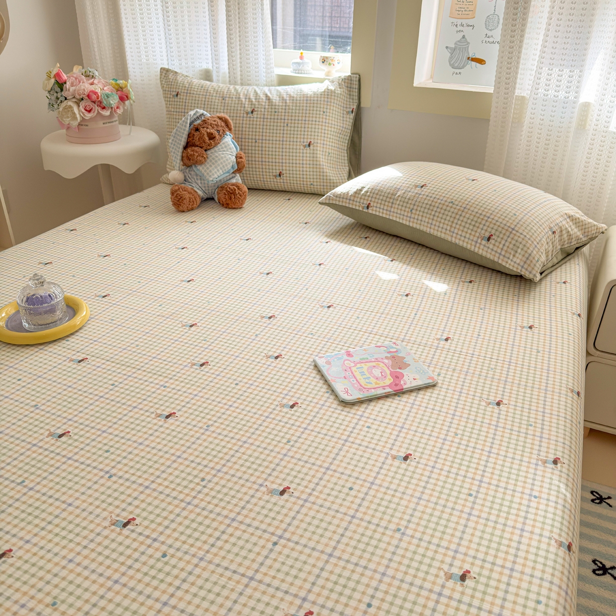 91家纺网 家纺一手货源 找家纺 丽美人家纺 2026新款A类柔软双层皱皱纱印花单床笠床笠单件 腊肠狗