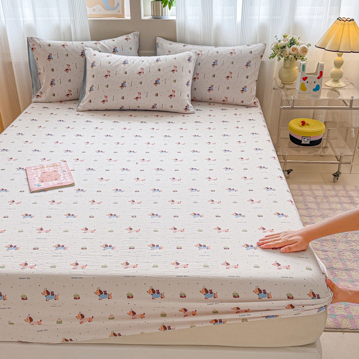 91家纺网 家纺一手货源 找家纺 丽美人家纺 2026新款A类柔软双层皱皱纱印花单床笠床笠单件 洛洛小狗