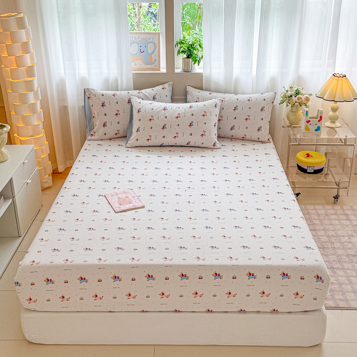 91家纺网 家纺一手货源 找家纺 丽美人家纺 2026新款A类柔软双层皱皱纱印花单床笠床笠单件 洛洛小狗