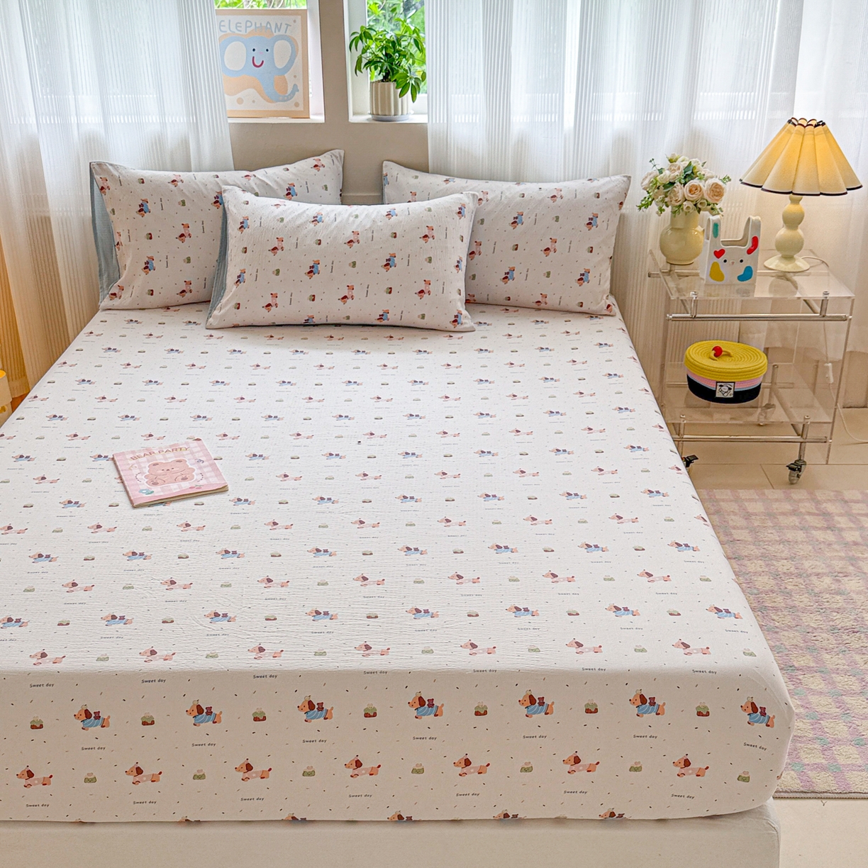 91家纺网 家纺一手货源 找家纺 丽美人家纺 2026新款A类柔软双层皱皱纱印花单床笠床笠单件 洛洛小狗