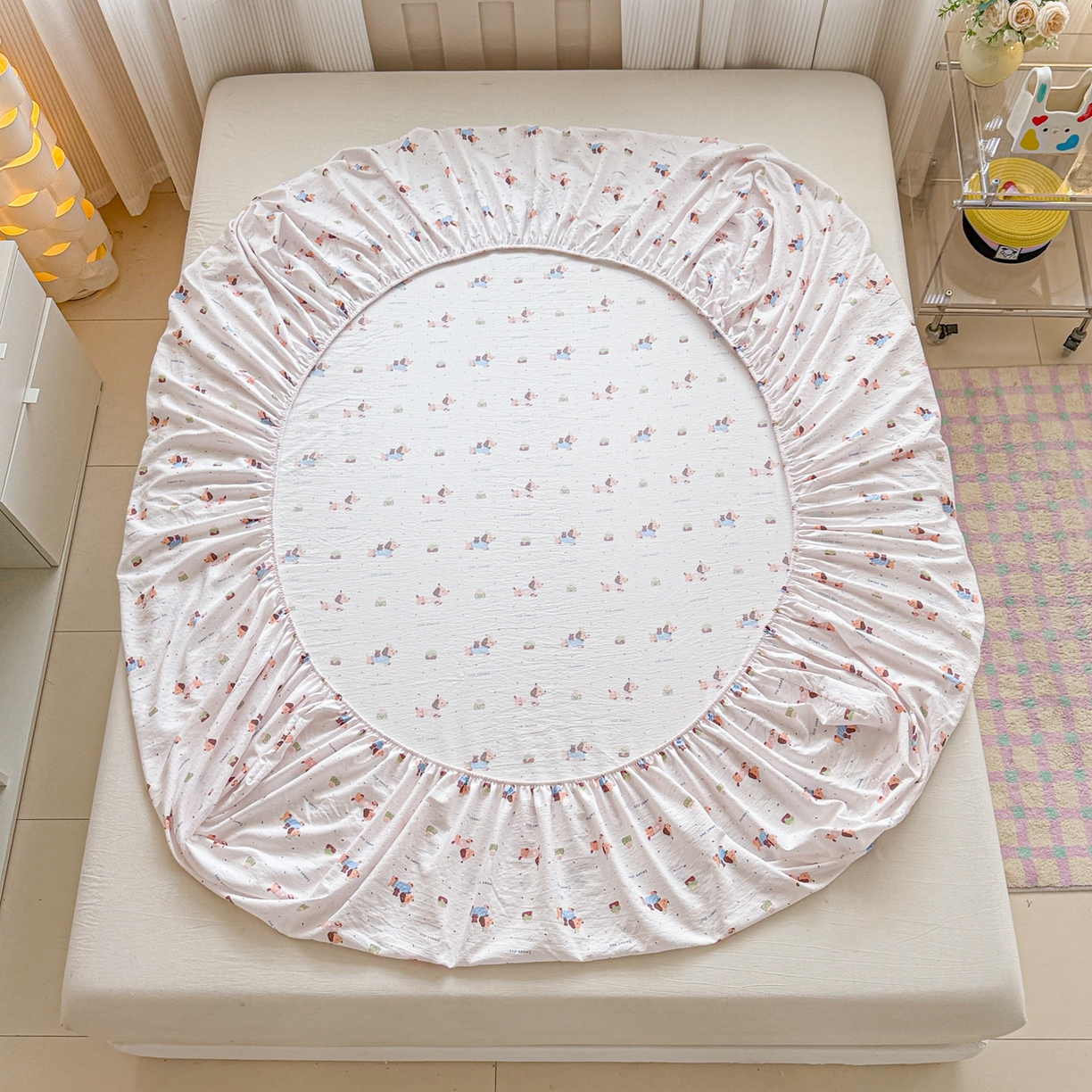 91家纺网 家纺一手货源 找家纺 丽美人家纺 2026新款A类柔软双层皱皱纱印花单床笠床笠单件 洛洛小狗