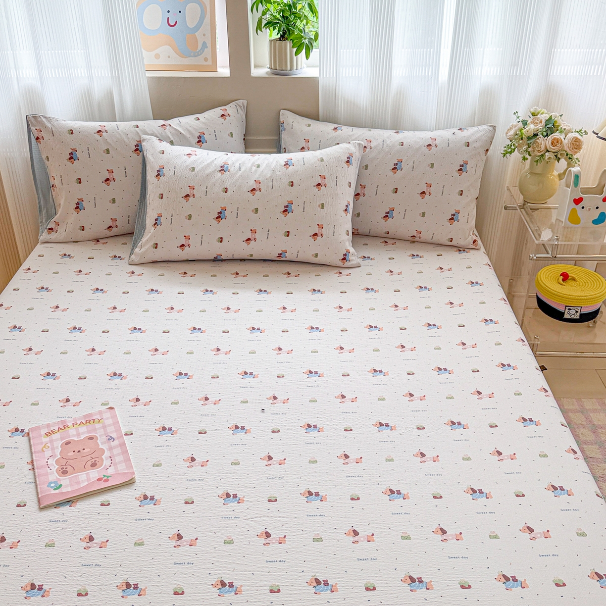 91家纺网 家纺一手货源 找家纺 丽美人家纺 2026新款A类柔软双层皱皱纱印花单床笠床笠单件 洛洛小狗