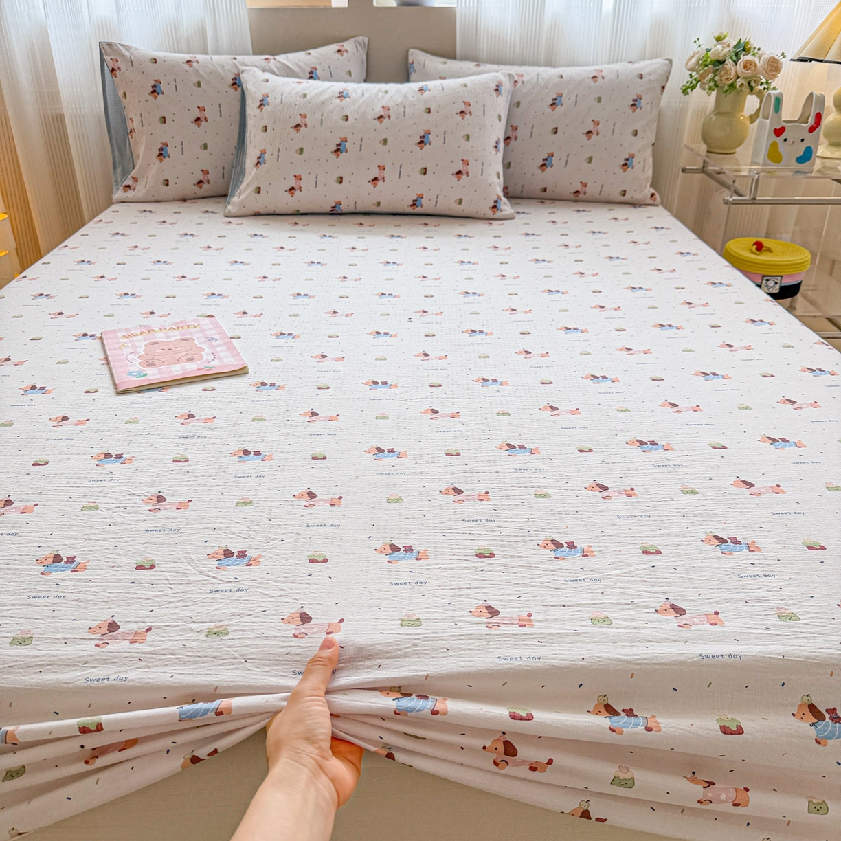 91家纺网 家纺一手货源 找家纺 丽美人家纺 2026新款A类柔软双层皱皱纱印花单床笠床笠单件 洛洛小狗