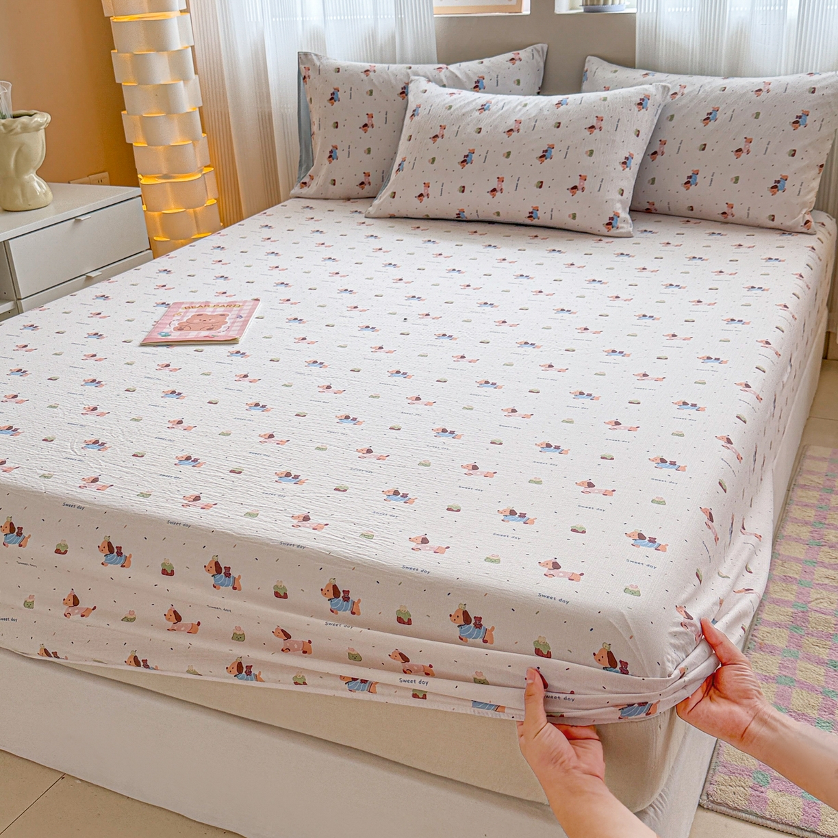 91家纺网 家纺一手货源 找家纺 丽美人家纺 2026新款A类柔软双层皱皱纱印花单床笠床笠单件 洛洛小狗