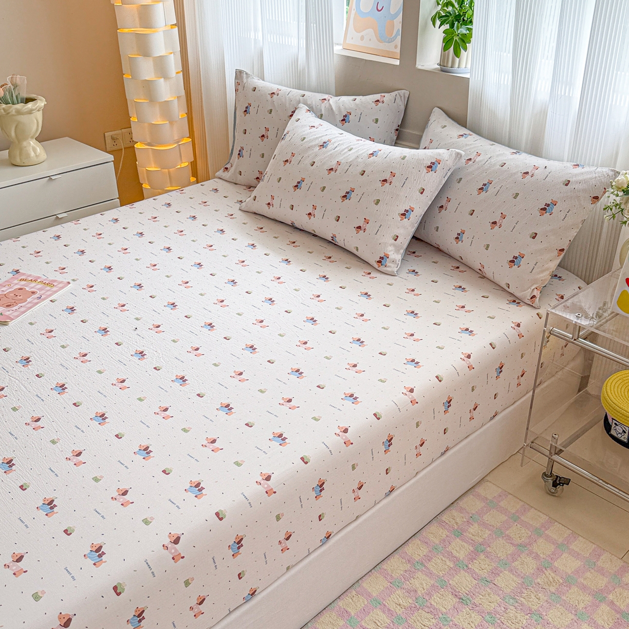 91家纺网 家纺一手货源 找家纺 丽美人家纺 2026新款A类柔软双层皱皱纱印花单床笠床笠单件 洛洛小狗