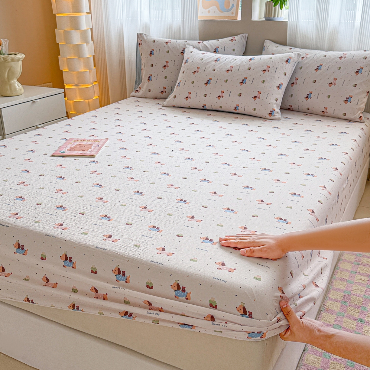 91家纺网 家纺一手货源 找家纺 丽美人家纺 2026新款A类柔软双层皱皱纱印花单床笠床笠单件 洛洛小狗