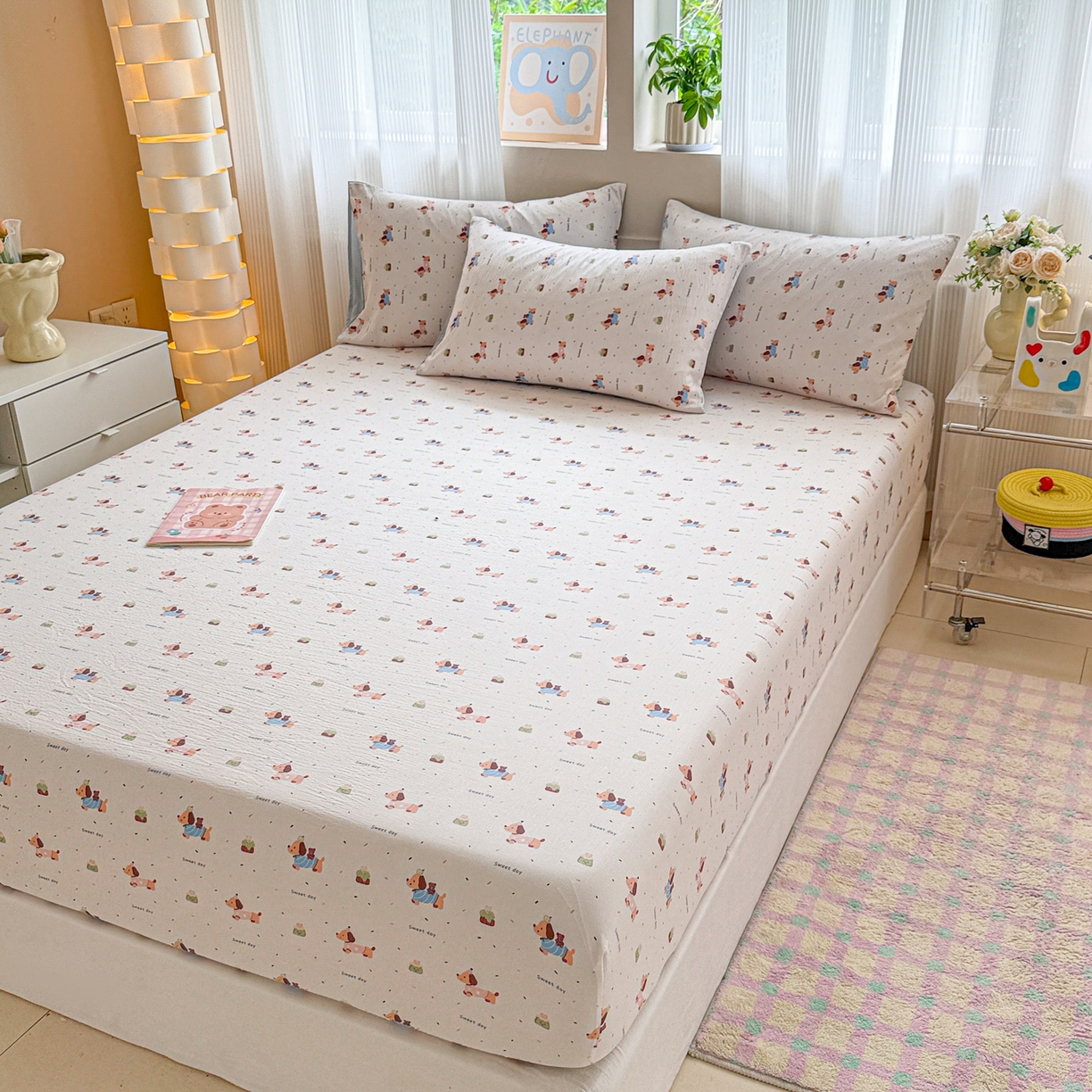 91家纺网 家纺一手货源 找家纺 丽美人家纺 2026新款A类柔软双层皱皱纱印花单床笠床笠单件 洛洛小狗