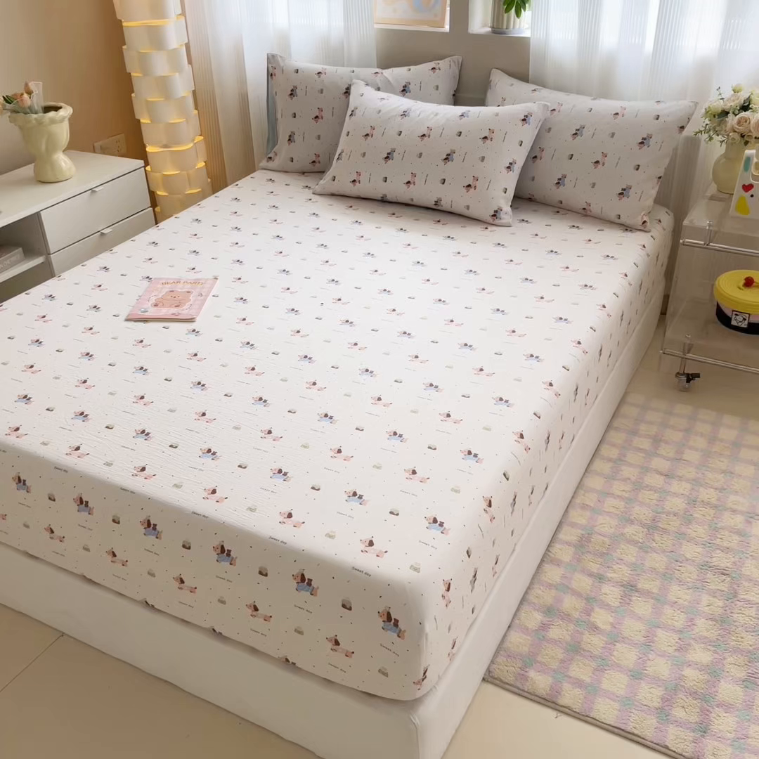 91家纺网 家纺一手货源 找家纺 丽美人家纺 2026新款A类柔软双层皱皱纱印花单床笠床笠单件 洛洛小狗