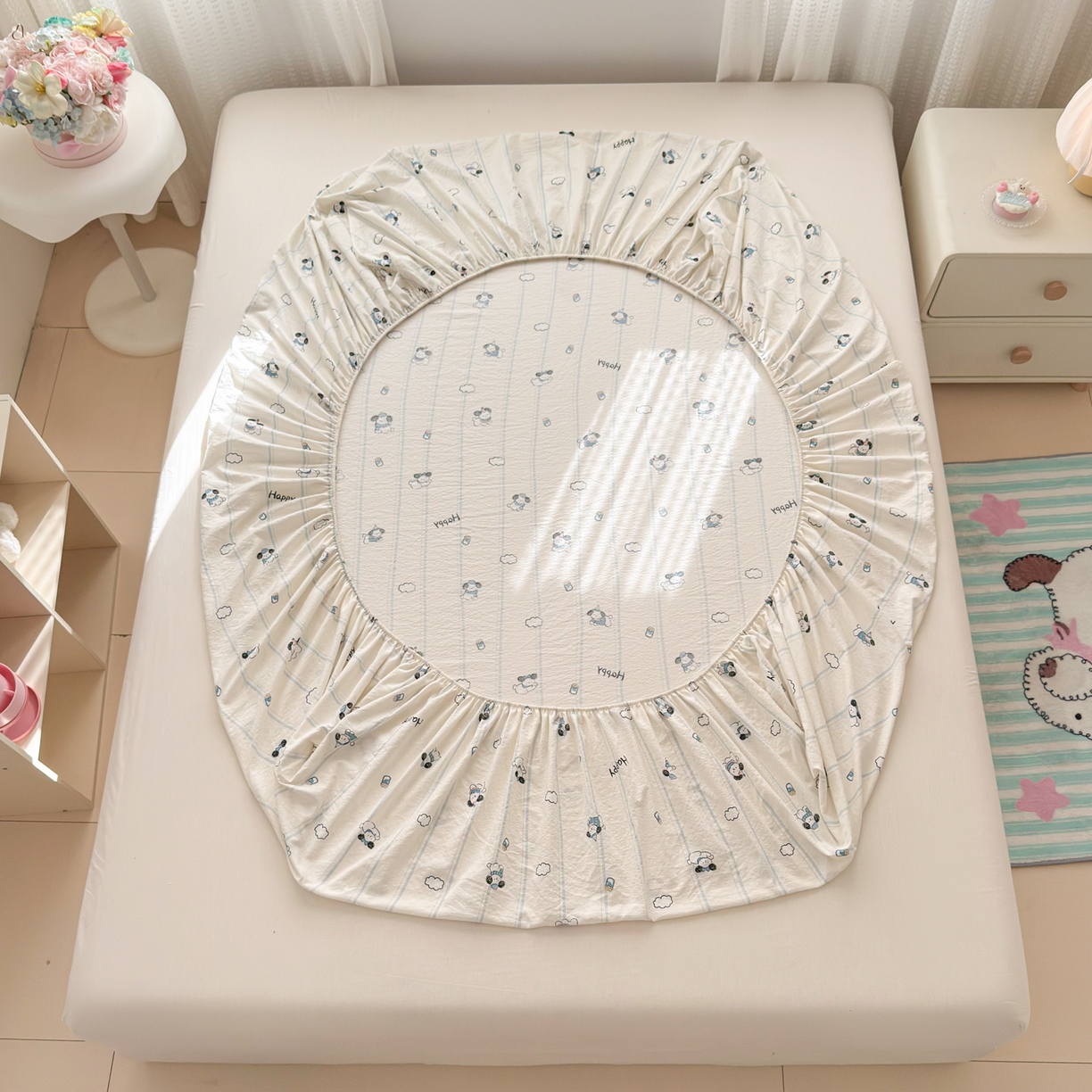 91家纺网 家纺一手货源 找家纺 丽美人家纺 2026新款A类柔软双层皱皱纱印花单床笠床笠单件 萌犬乐园