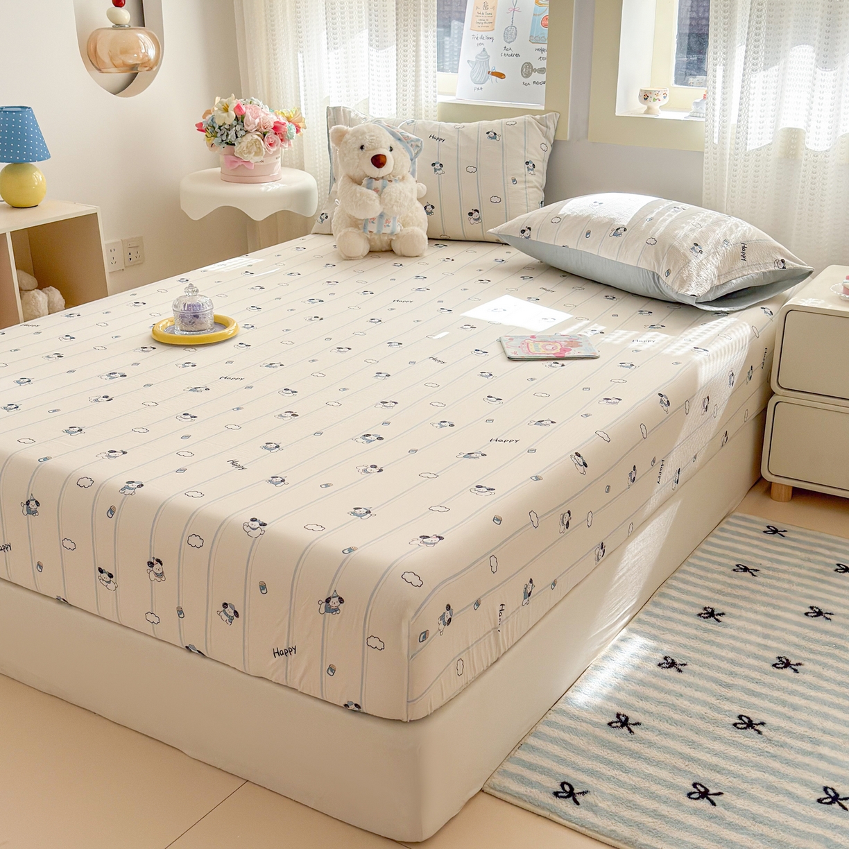 91家纺网 家纺一手货源 找家纺 丽美人家纺 2026新款A类柔软双层皱皱纱印花单床笠床笠单件 萌犬乐园