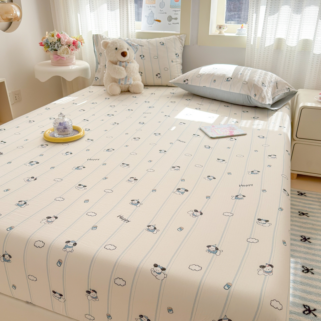 91家纺网 家纺一手货源 找家纺 丽美人家纺 2026新款A类柔软双层皱皱纱印花单床笠床笠单件 萌犬乐园