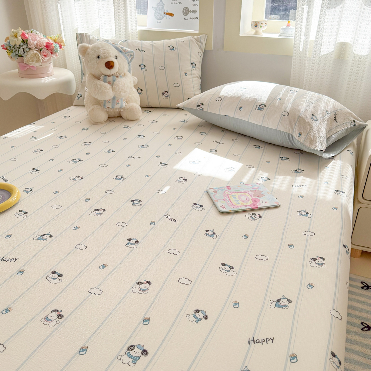 91家纺网 家纺一手货源 找家纺 丽美人家纺 2026新款A类柔软双层皱皱纱印花单床笠床笠单件 萌犬乐园