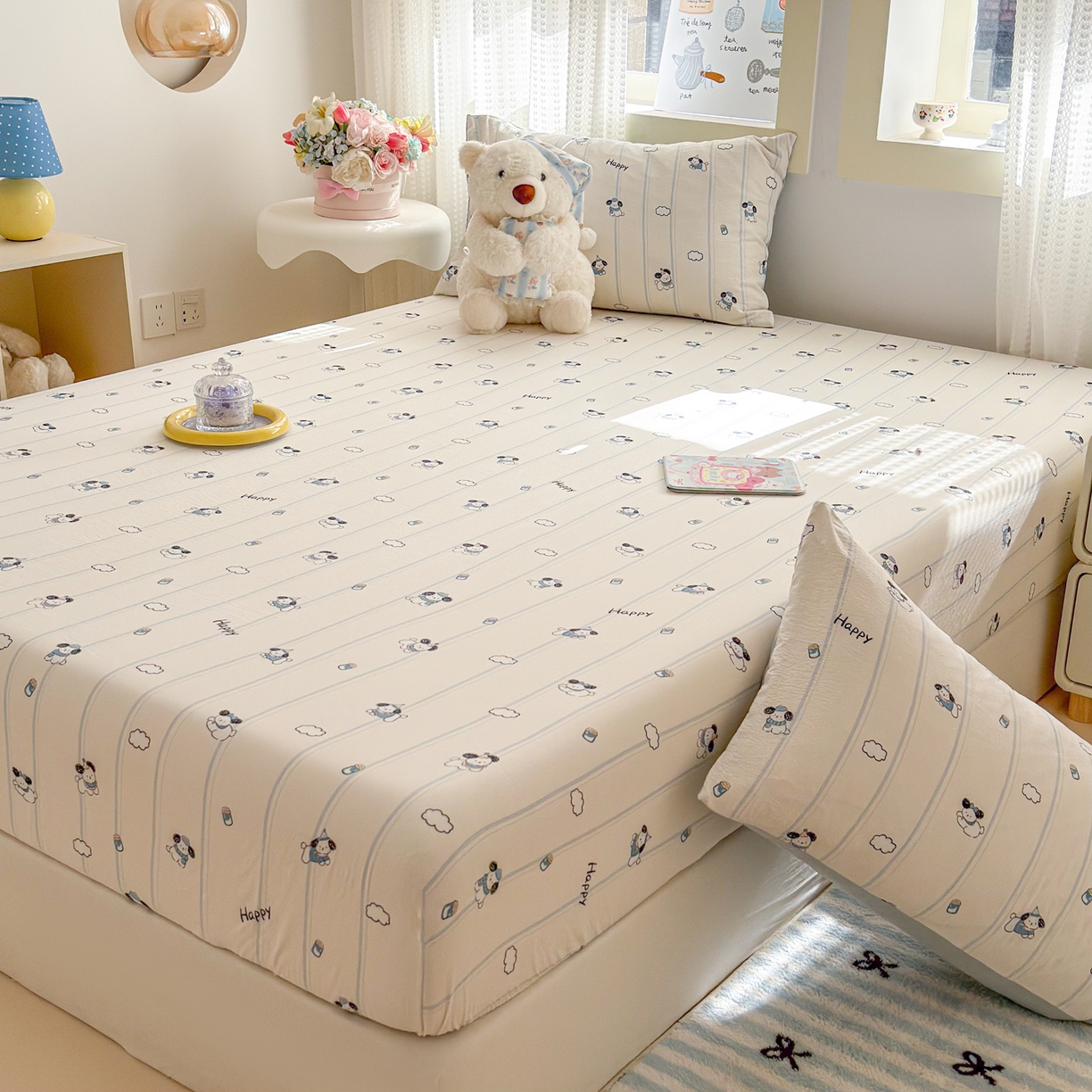 91家纺网 家纺一手货源 找家纺 丽美人家纺 2026新款A类柔软双层皱皱纱印花单床笠床笠单件 萌犬乐园