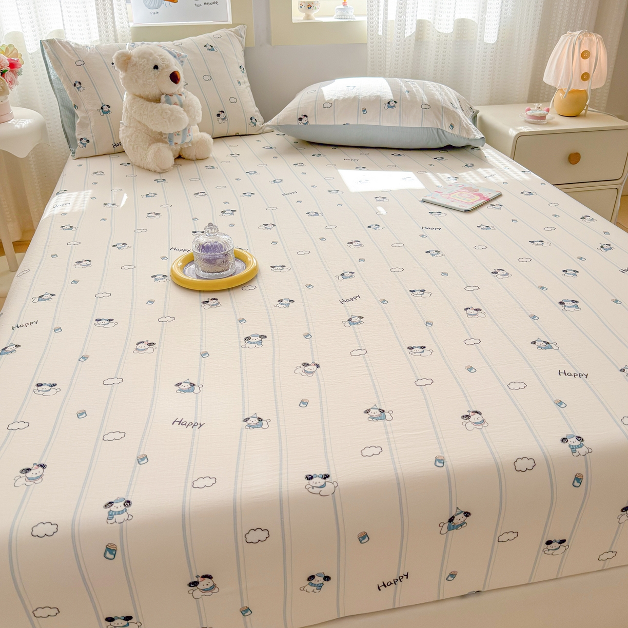 91家纺网 家纺一手货源 找家纺 丽美人家纺 2026新款A类柔软双层皱皱纱印花单床笠床笠单件 萌犬乐园