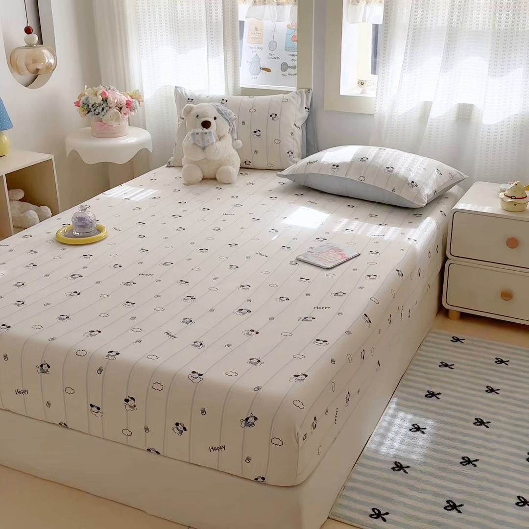 91家纺网 家纺一手货源 找家纺 丽美人家纺 2026新款A类柔软双层皱皱纱印花单床笠床笠单件 萌犬乐园