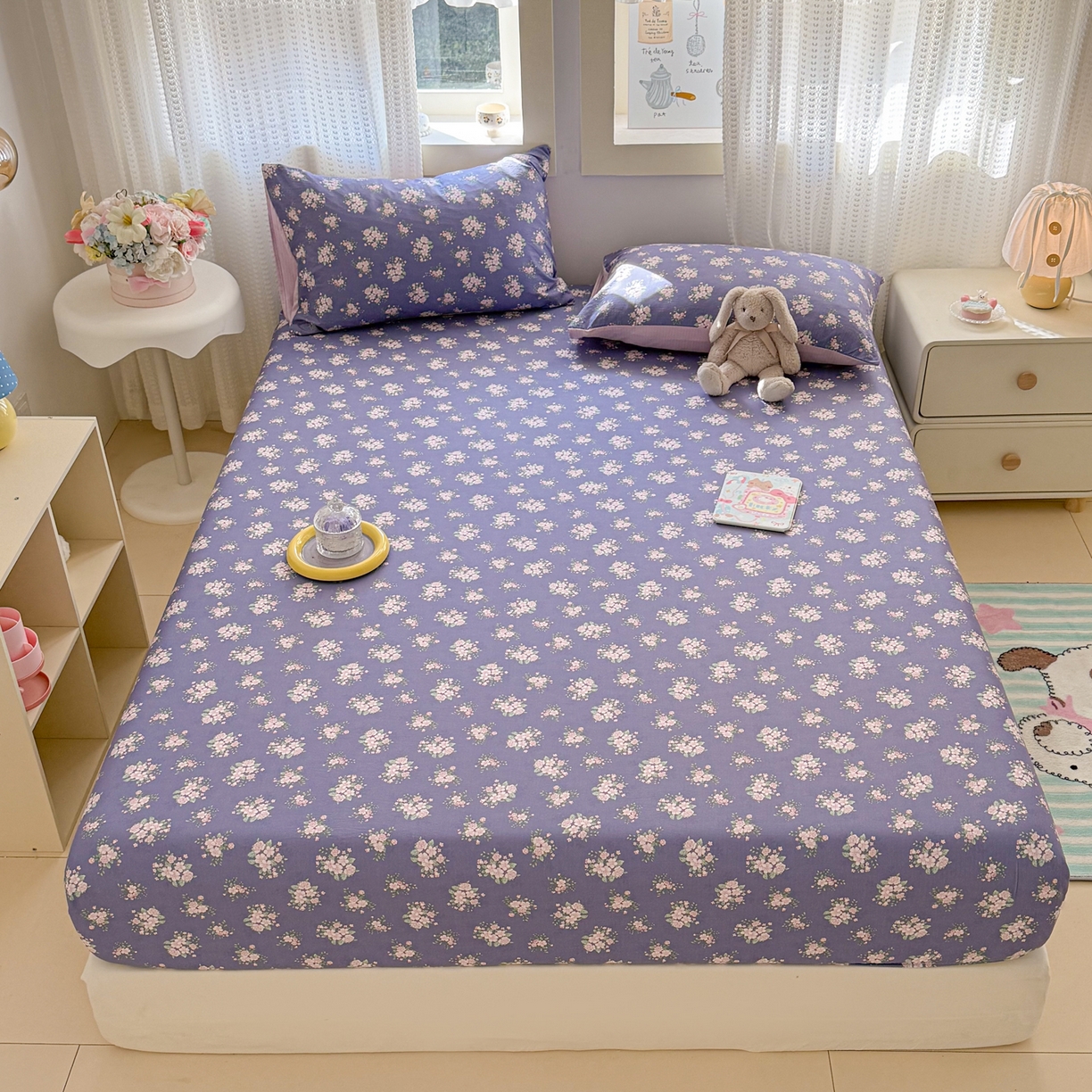 91家纺网 家纺一手货源 找家纺 丽美人家纺 2026新款A类柔软双层皱皱纱印花单床笠床笠单件 浅紫花绒