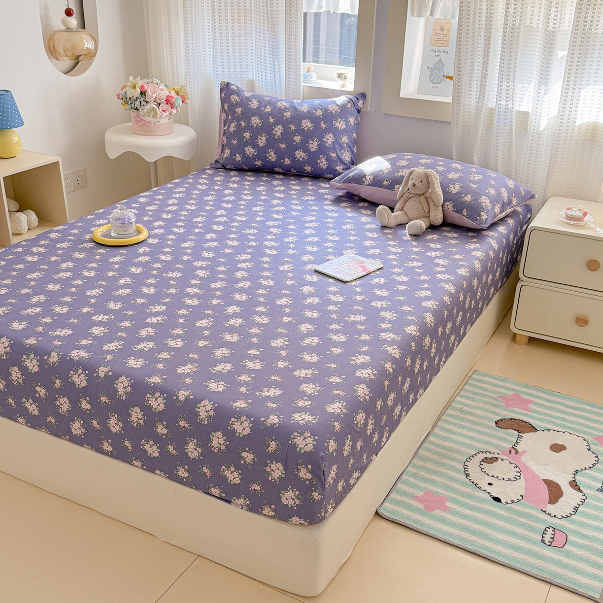 91家纺网 家纺一手货源 找家纺 丽美人家纺 2026新款A类柔软双层皱皱纱印花单床笠床笠单件 浅紫花绒