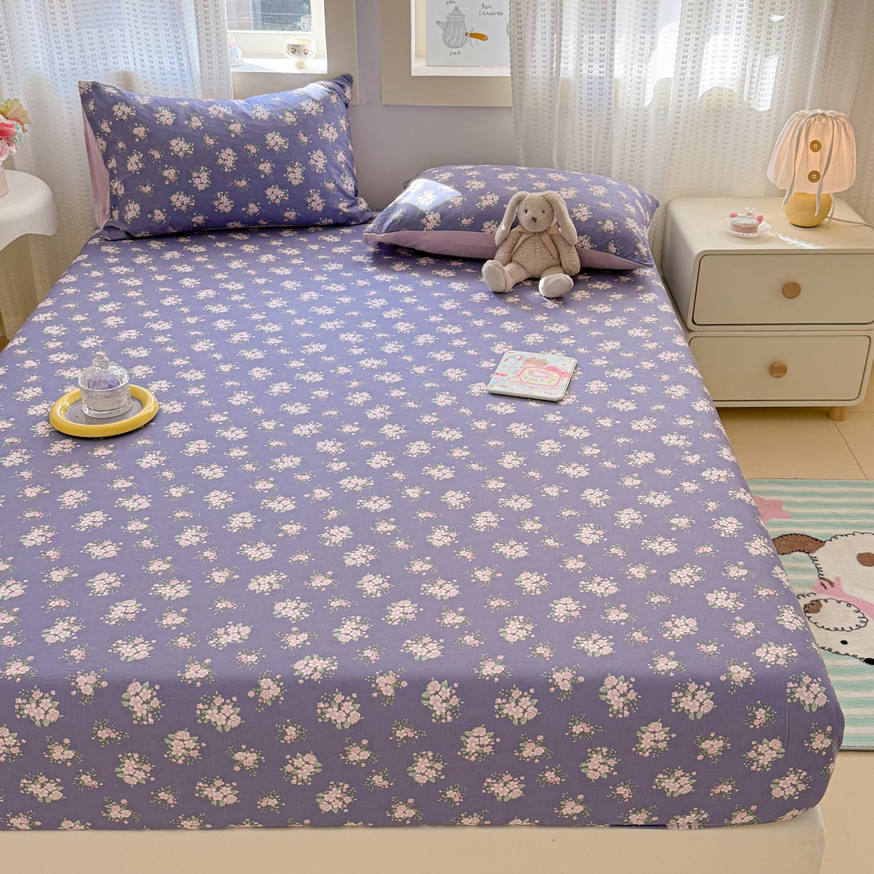 91家纺网 家纺一手货源 找家纺 丽美人家纺 2026新款A类柔软双层皱皱纱印花单床笠床笠单件 浅紫花绒