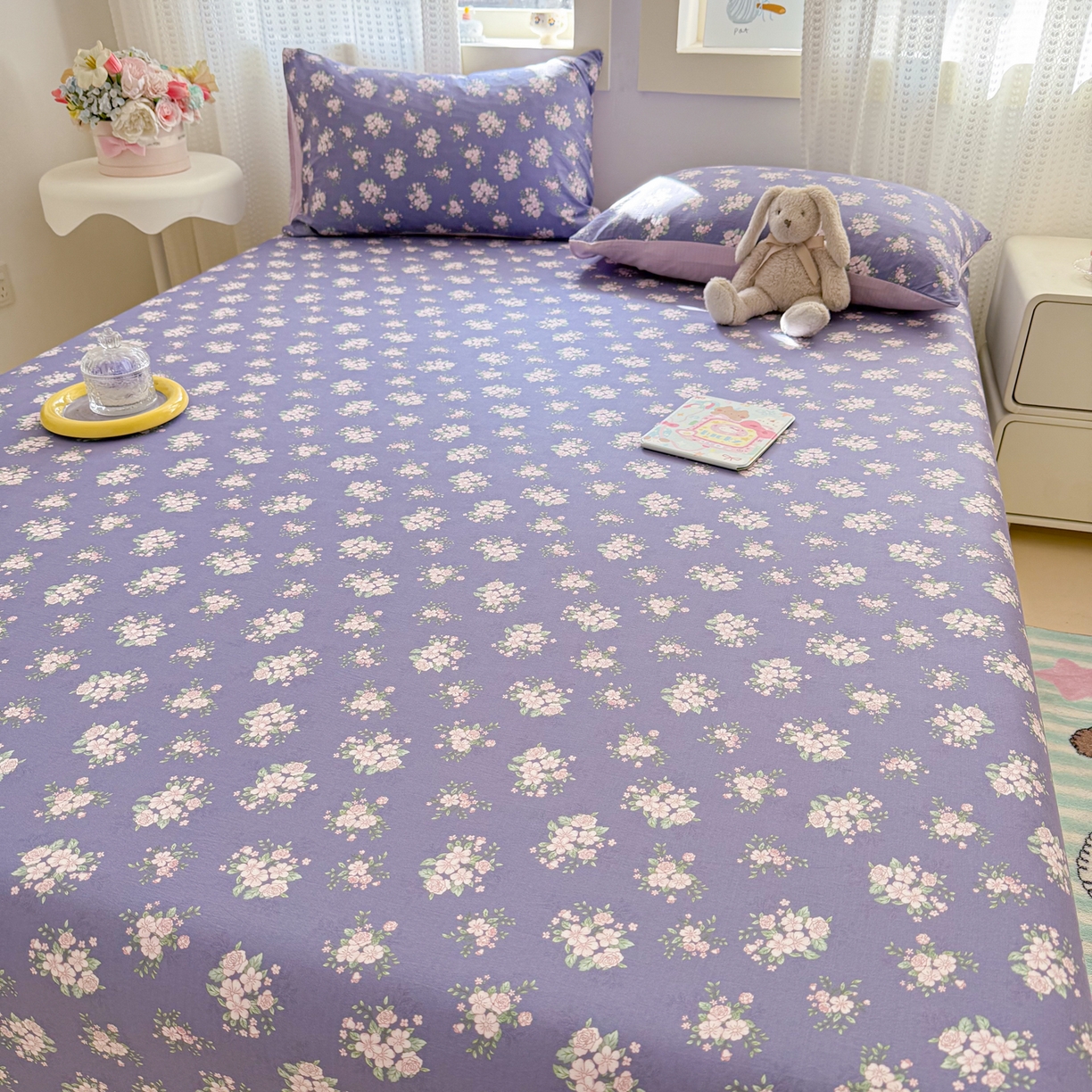 91家纺网 家纺一手货源 找家纺 丽美人家纺 2026新款A类柔软双层皱皱纱印花单床笠床笠单件 浅紫花绒