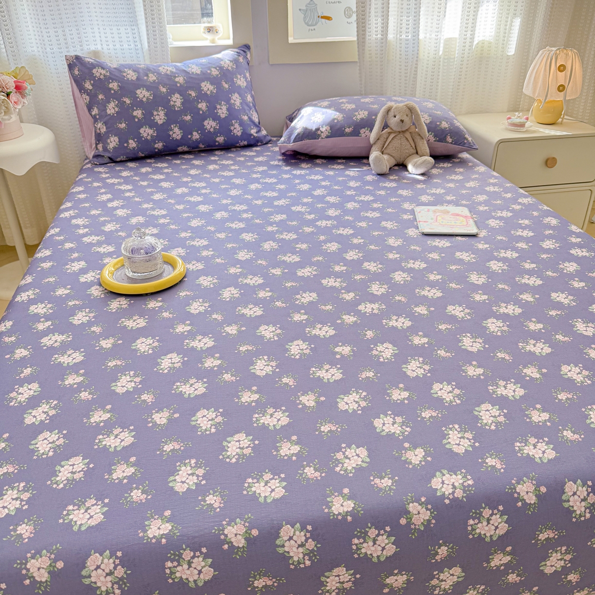 91家纺网 家纺一手货源 找家纺 丽美人家纺 2026新款A类柔软双层皱皱纱印花单床笠床笠单件 浅紫花绒