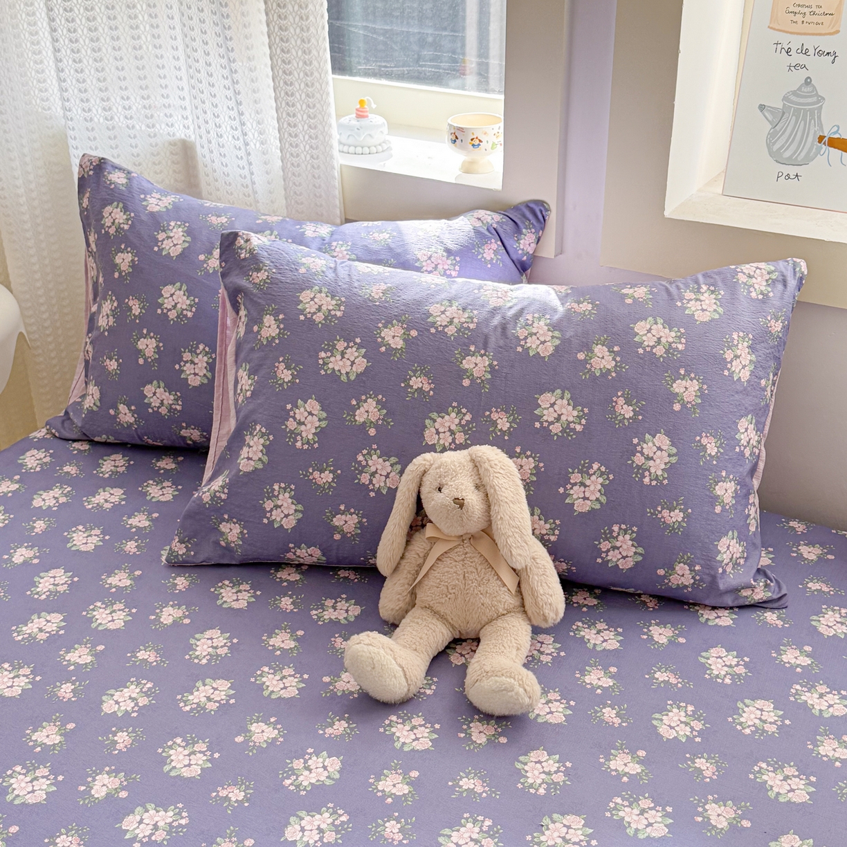 91家纺网 家纺一手货源 找家纺 丽美人家纺 2026新款A类柔软双层皱皱纱印花单床笠床笠单件 浅紫花绒