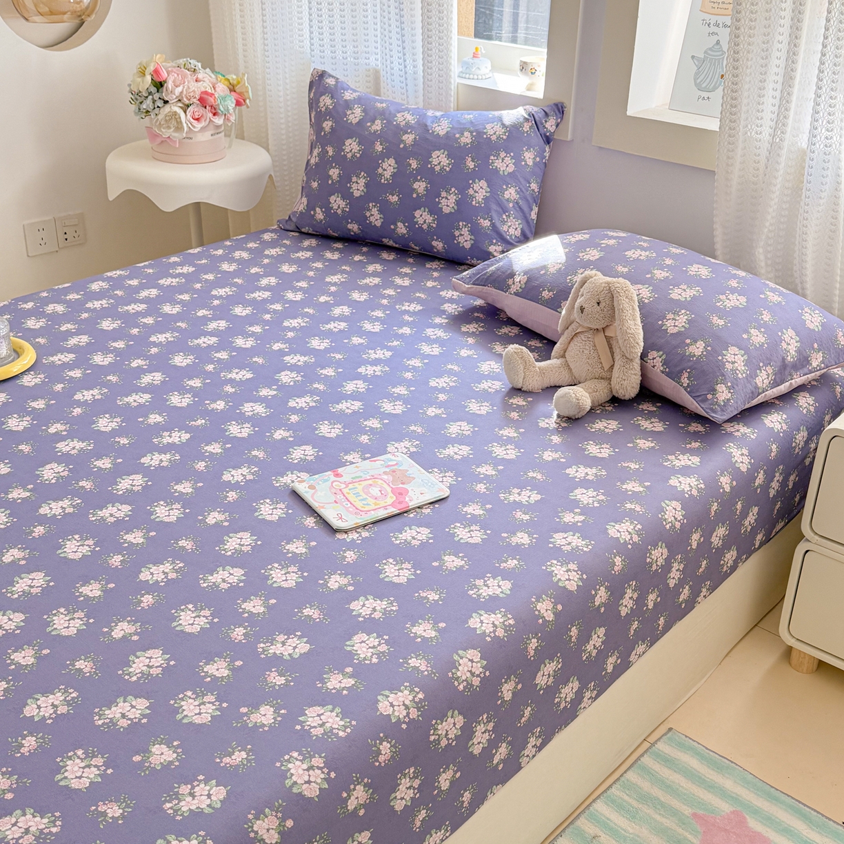 91家纺网 家纺一手货源 找家纺 丽美人家纺 2026新款A类柔软双层皱皱纱印花单床笠床笠单件 浅紫花绒