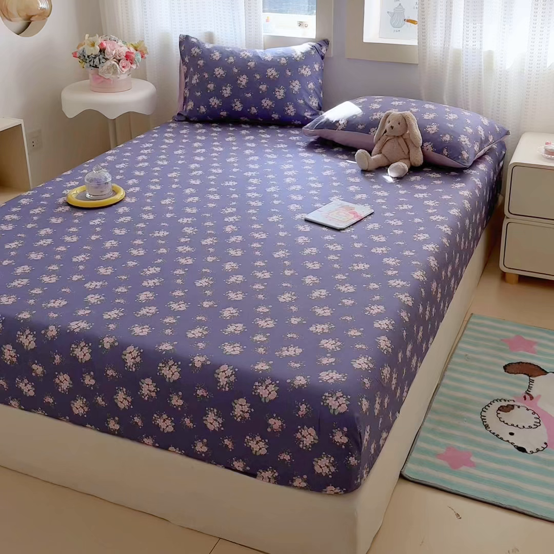 91家纺网 家纺一手货源 找家纺 丽美人家纺 2026新款A类柔软双层皱皱纱印花单床笠床笠单件 浅紫花绒